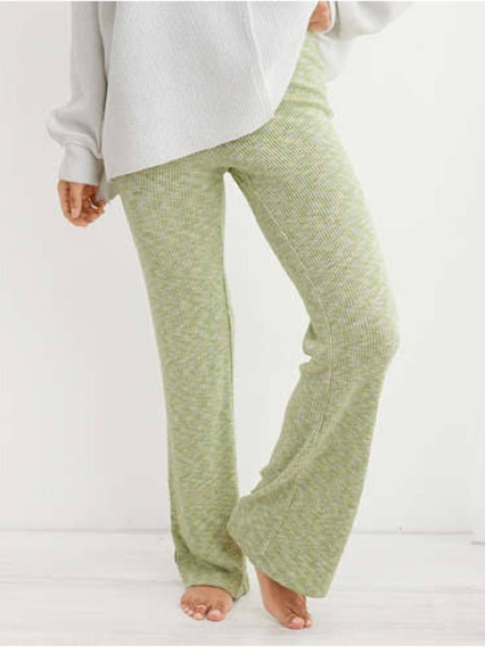 aerie Soft Ribbed Wide-Leg Pants - Light Green Heather